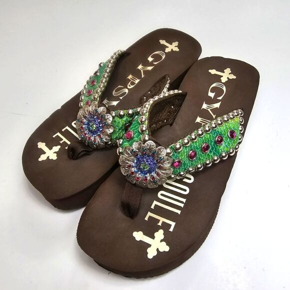 Gypsy Soule Bling Beaded Flower Snake Platform Western Flair Flip Flop Size 8.5 - Picture 1 of 9